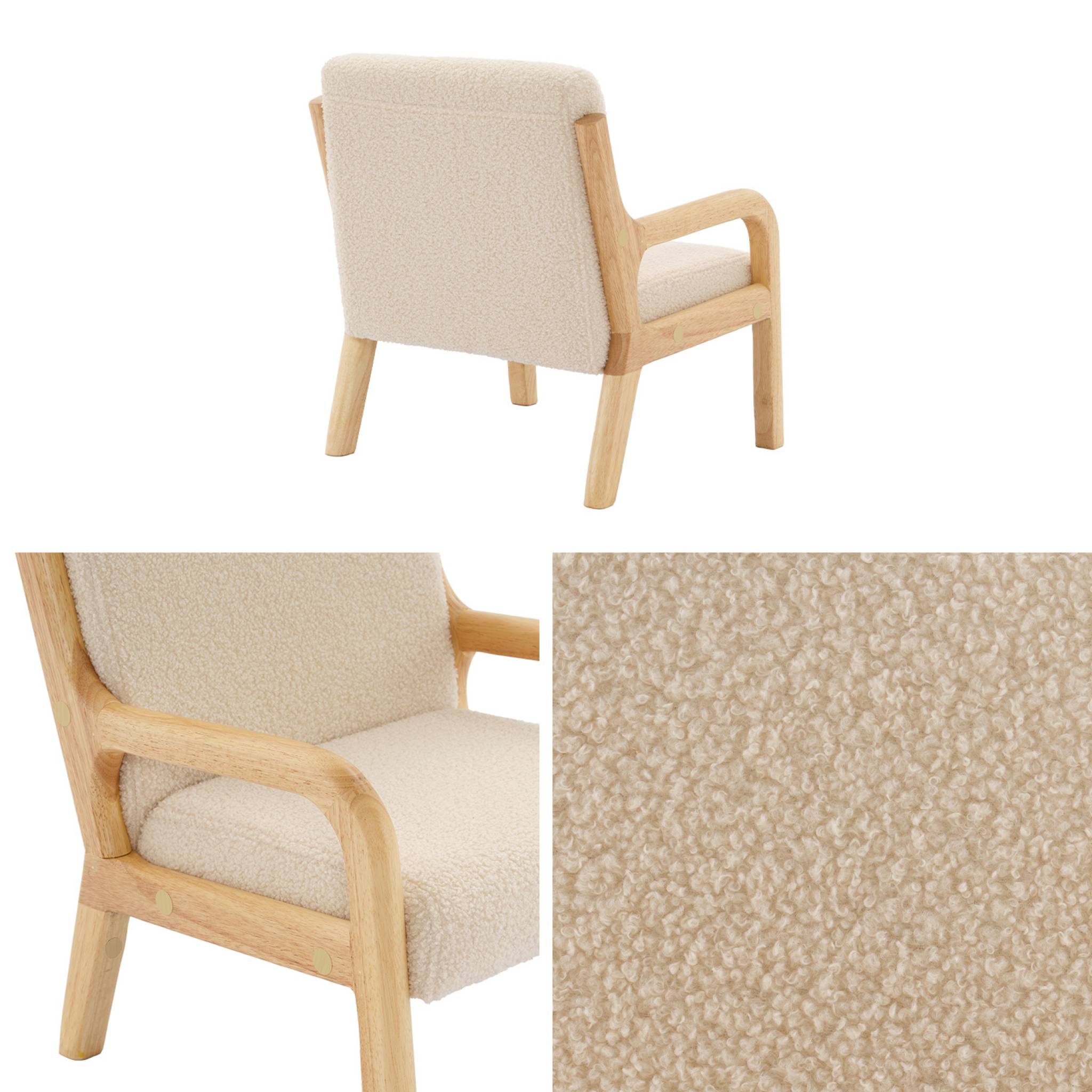 Poltrona scandinava per bambini in legno, tessuto bouclé, beige