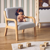 Poltrona scandinava per bambini in legno, tessuto bouclé, grigio topo