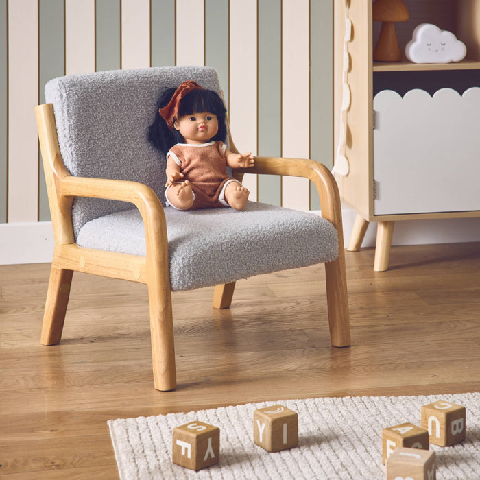 Poltrona scandinava per bambini in legno, tessuto bouclé, grigio topo
