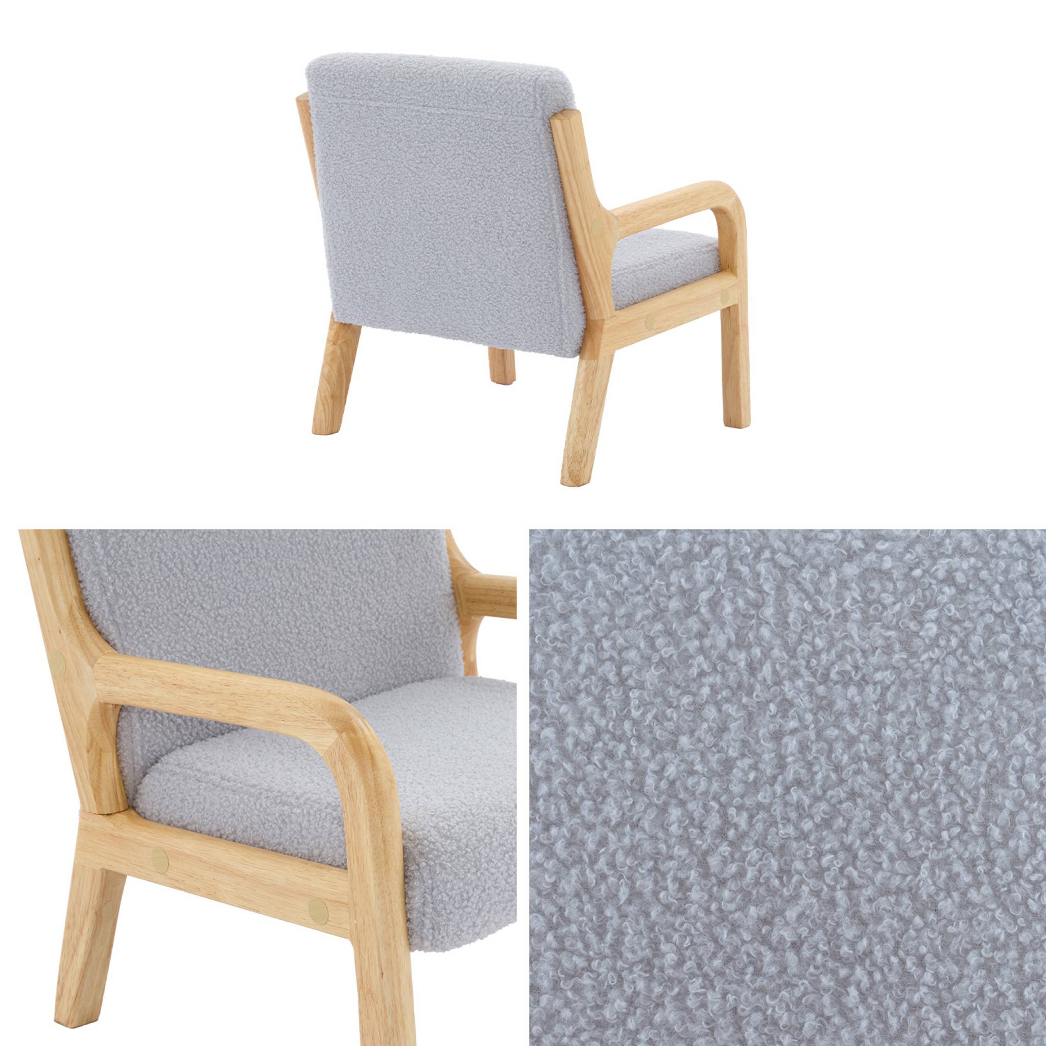 Poltrona scandinava per bambini in legno, tessuto bouclé, grigio topo