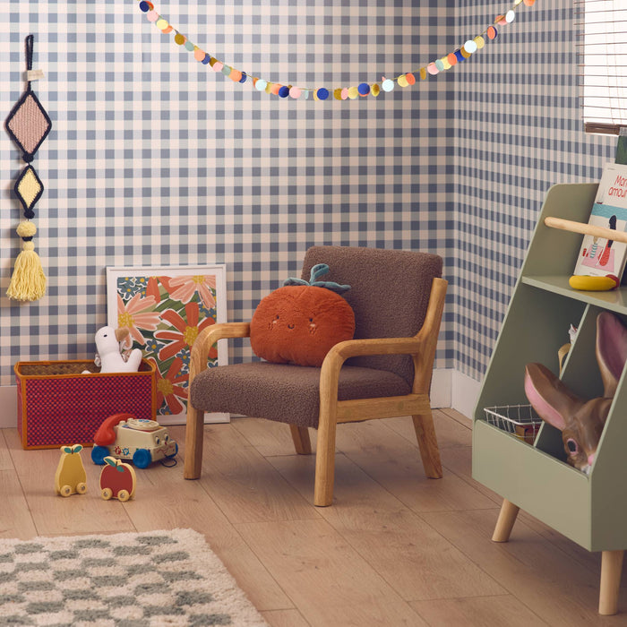 Poltrona scandinava per bambini in legno, tessuto bouclé, marrone