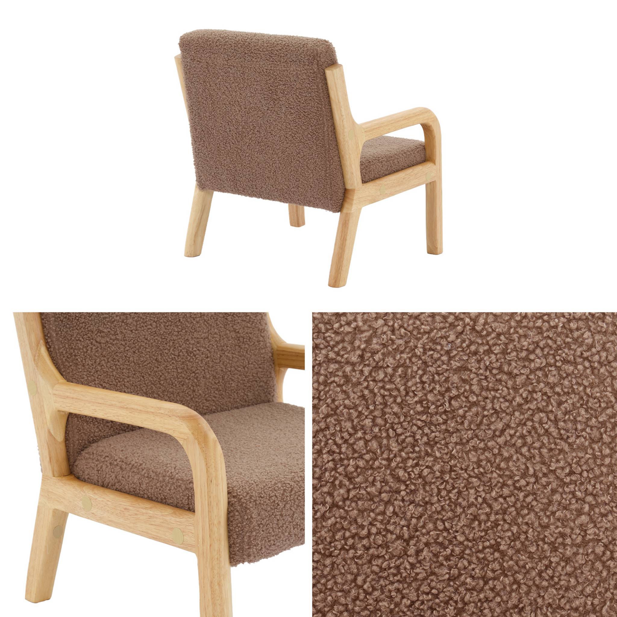 Poltrona scandinava per bambini in legno, tessuto bouclé, marrone