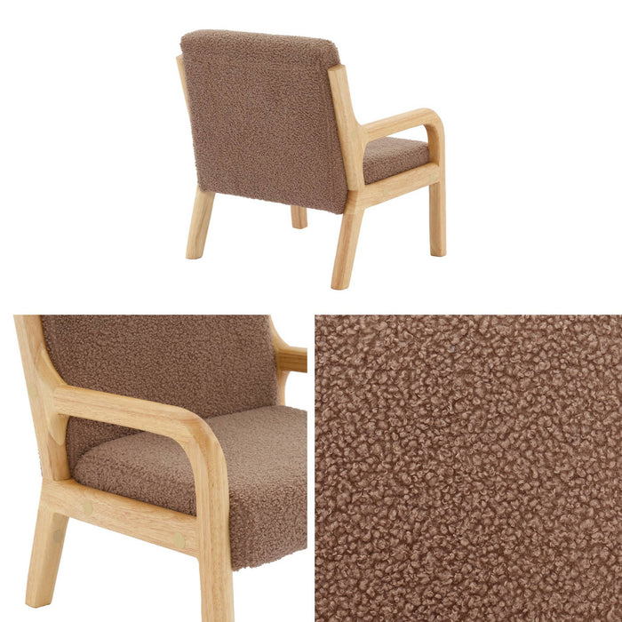 Poltrona scandinava per bambini in legno, tessuto bouclé, marrone
