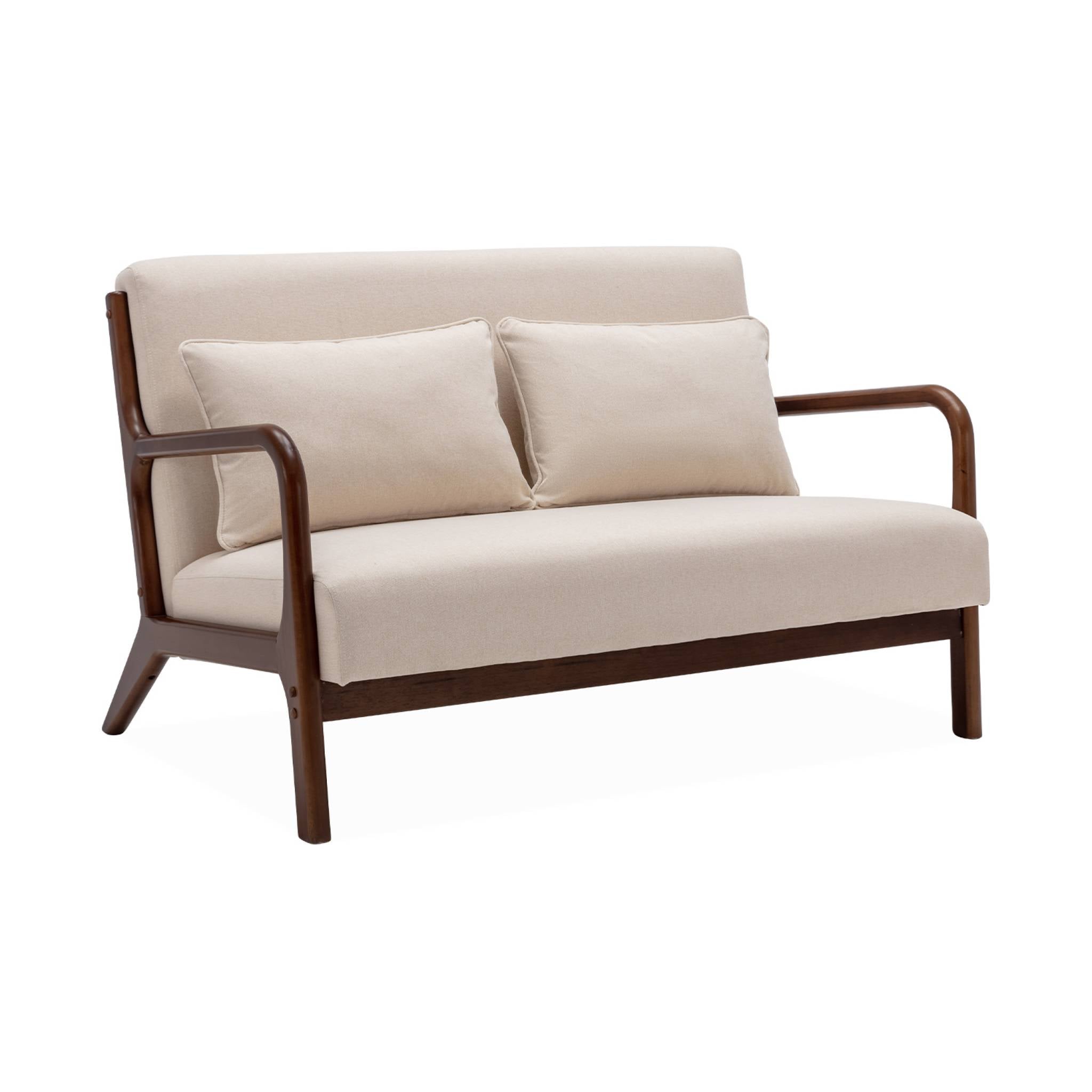 Divano 2 posti + poltrona legno di hevea tinto noce chiaro e tessuto,