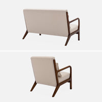 Divano 2 posti + poltrona legno di hevea tinto noce chiaro e tessuto,