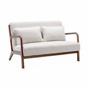 Panca scandinava in legno di hevea tinto noce chiaro e bouclé, 2