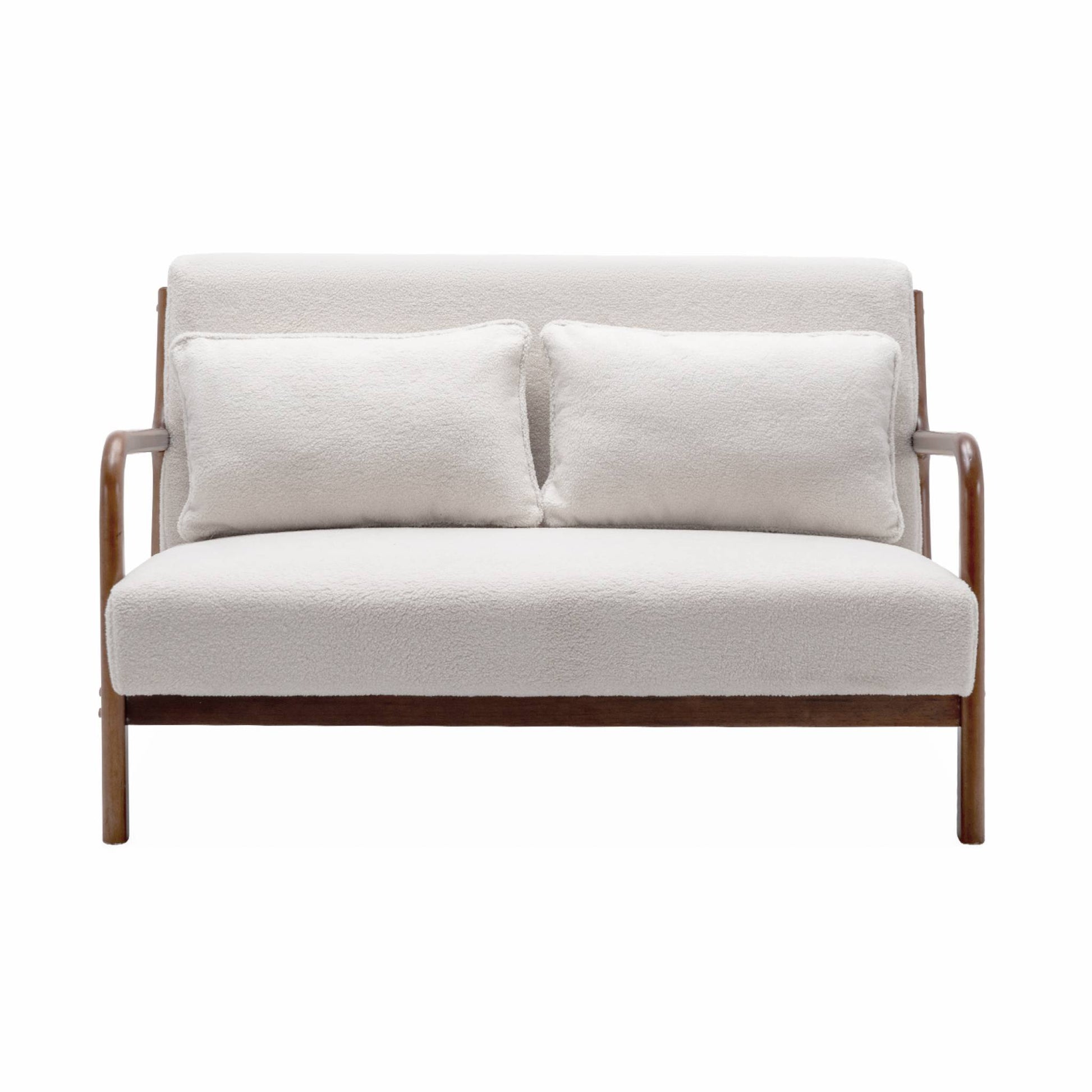 Panca scandinava in legno di hevea tinto noce chiaro e bouclé, 2
