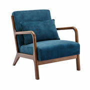 Poltrona scandinava in velluto e legno di hevea tinto noce chiaro, blu