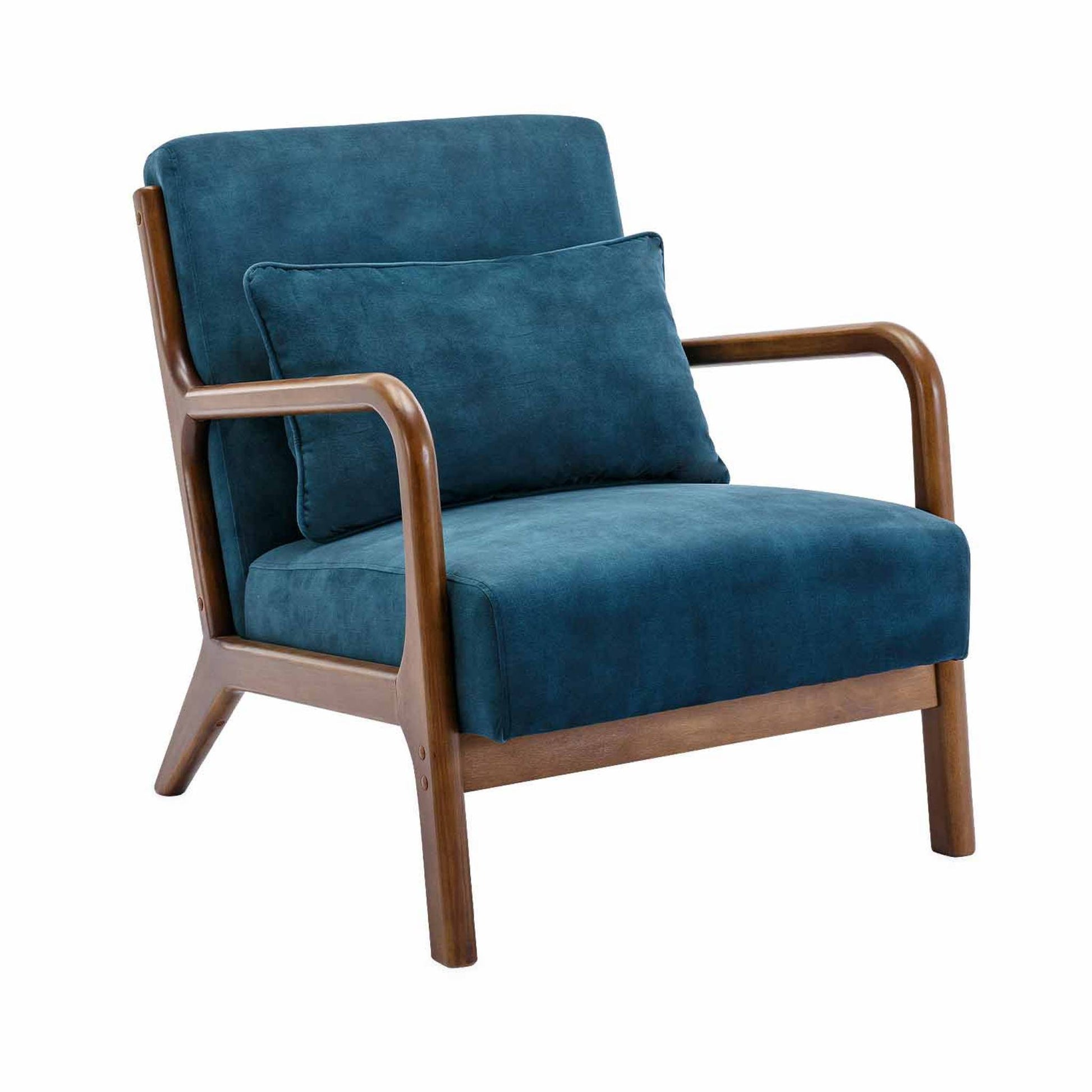Poltrona scandinava in velluto e legno di hevea tinto noce chiaro, blu