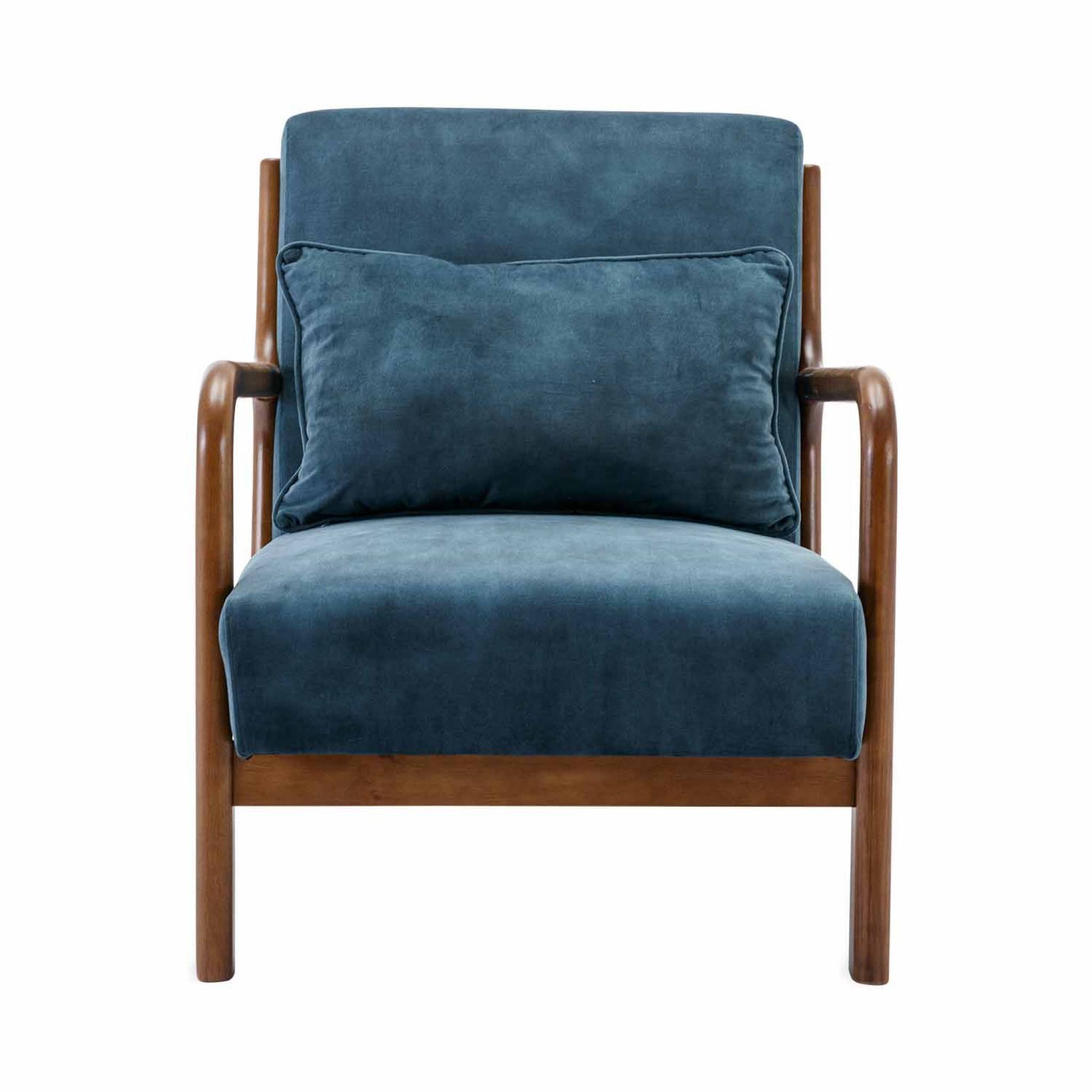 Poltrona scandinava in velluto e legno di hevea tinto noce chiaro, blu