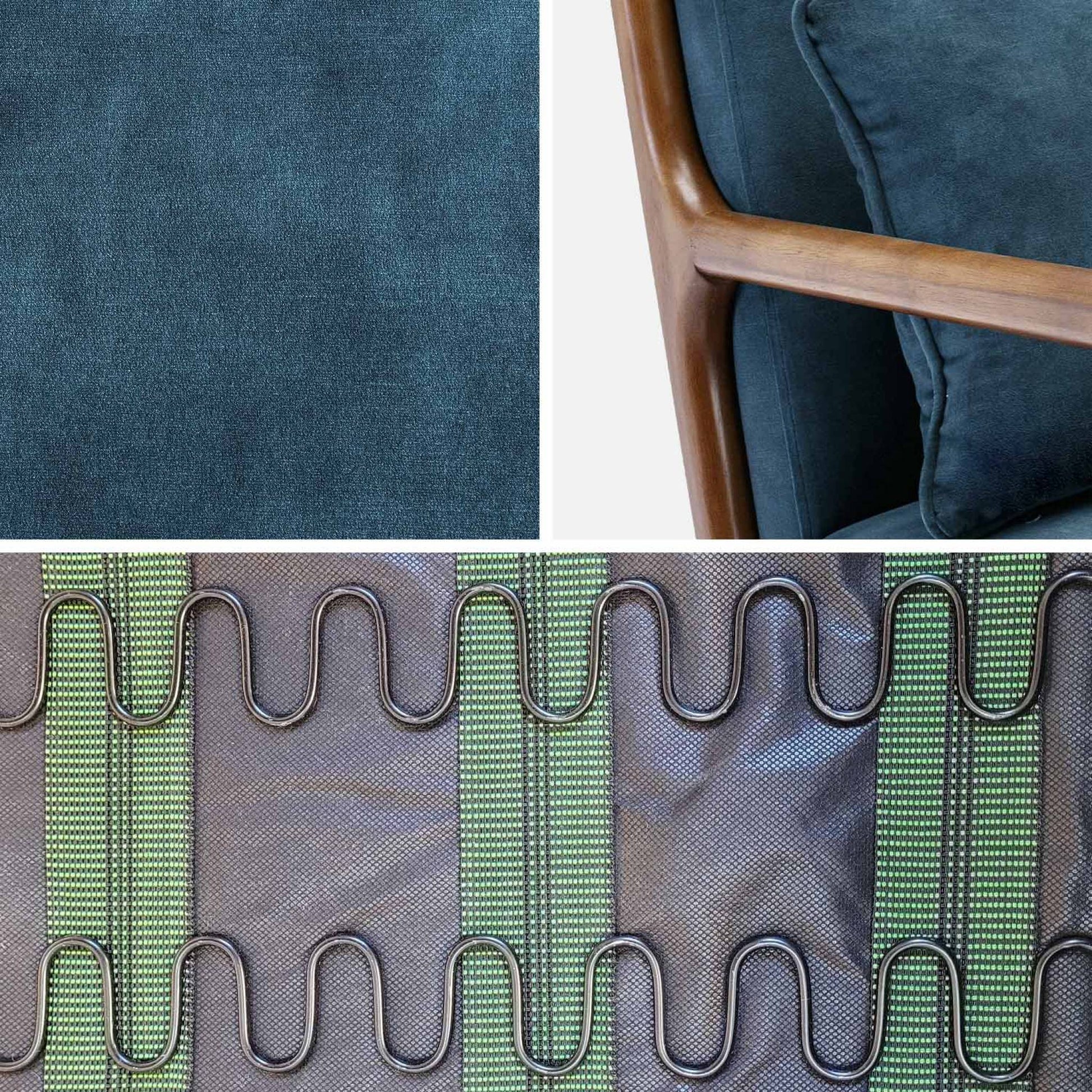 Poltrona scandinava in velluto e legno di hevea tinto noce chiaro, blu