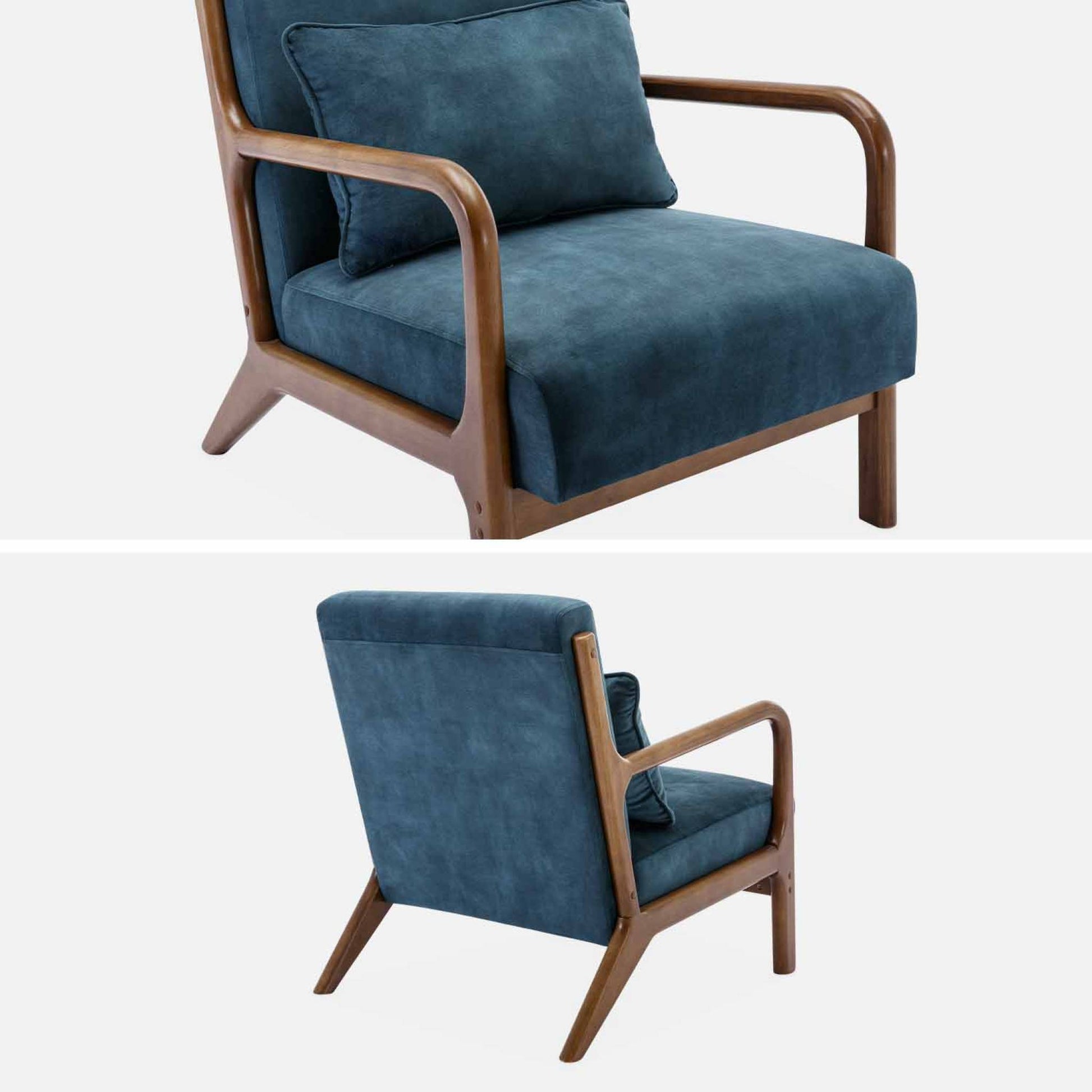 Poltrona scandinava in velluto e legno di hevea tinto noce chiaro, blu
