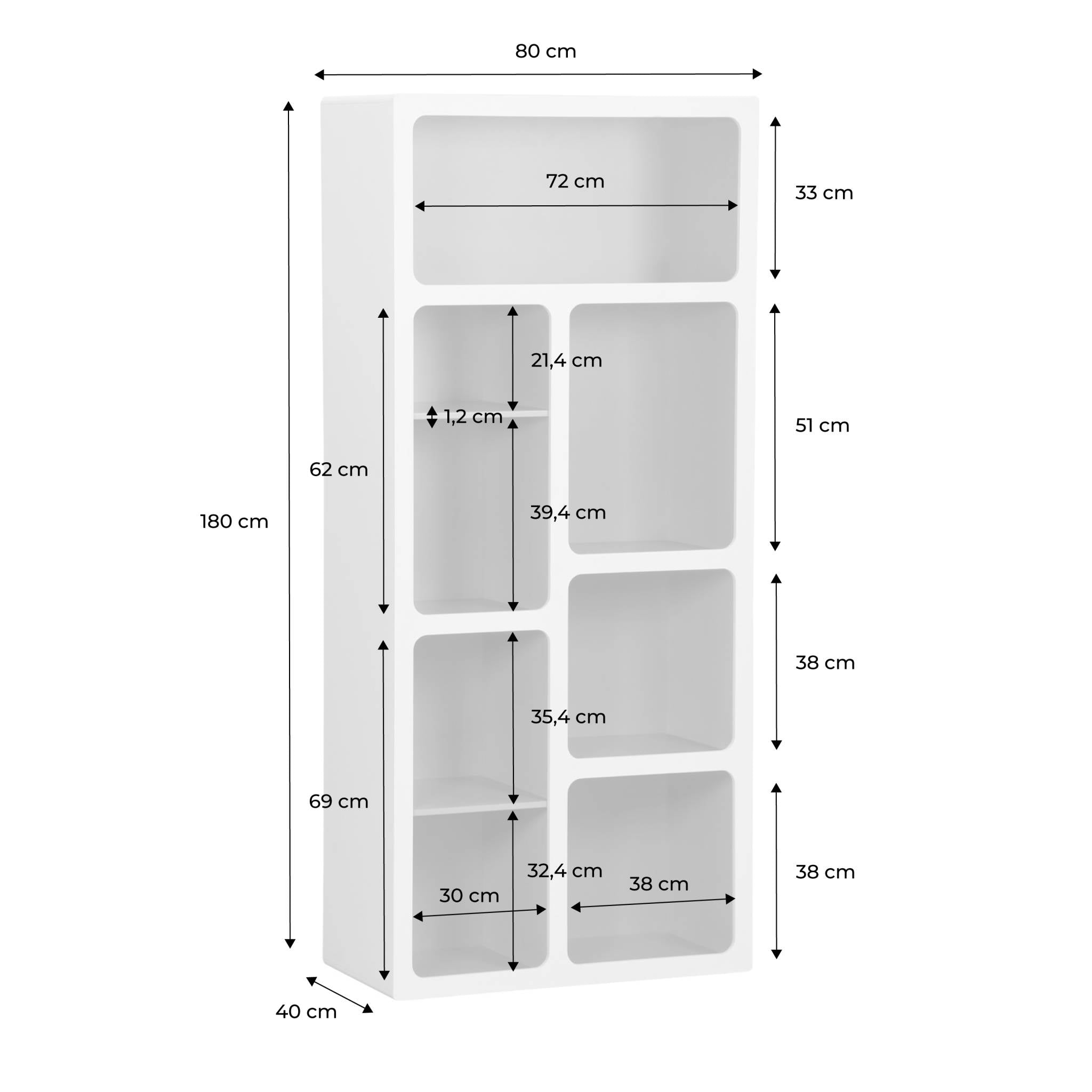 Libreria organica in legno bicolore con 8 scomparti, arancione