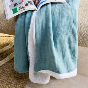 Plaid sherpa e mussola di cotone , 170cm, verde mandorla