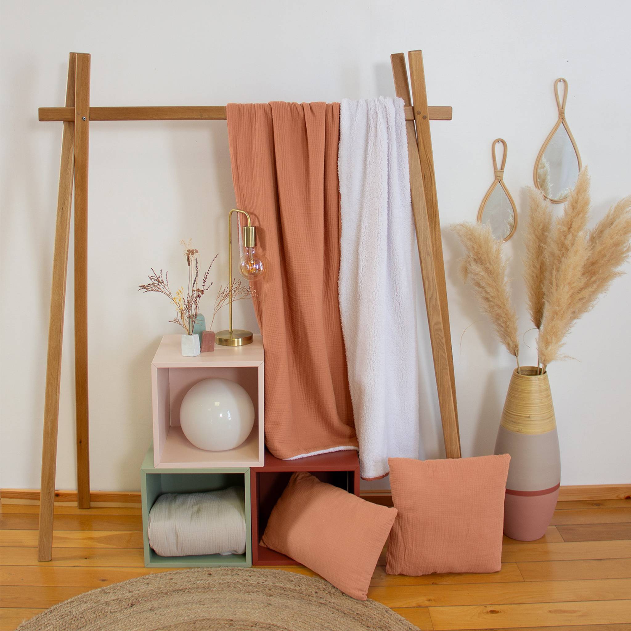 Plaid sherpa e mussola di cotone , 170cm, caramello