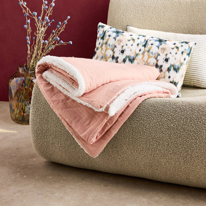 Plaid sherpa e mussola di cotone , 170cm, pesca