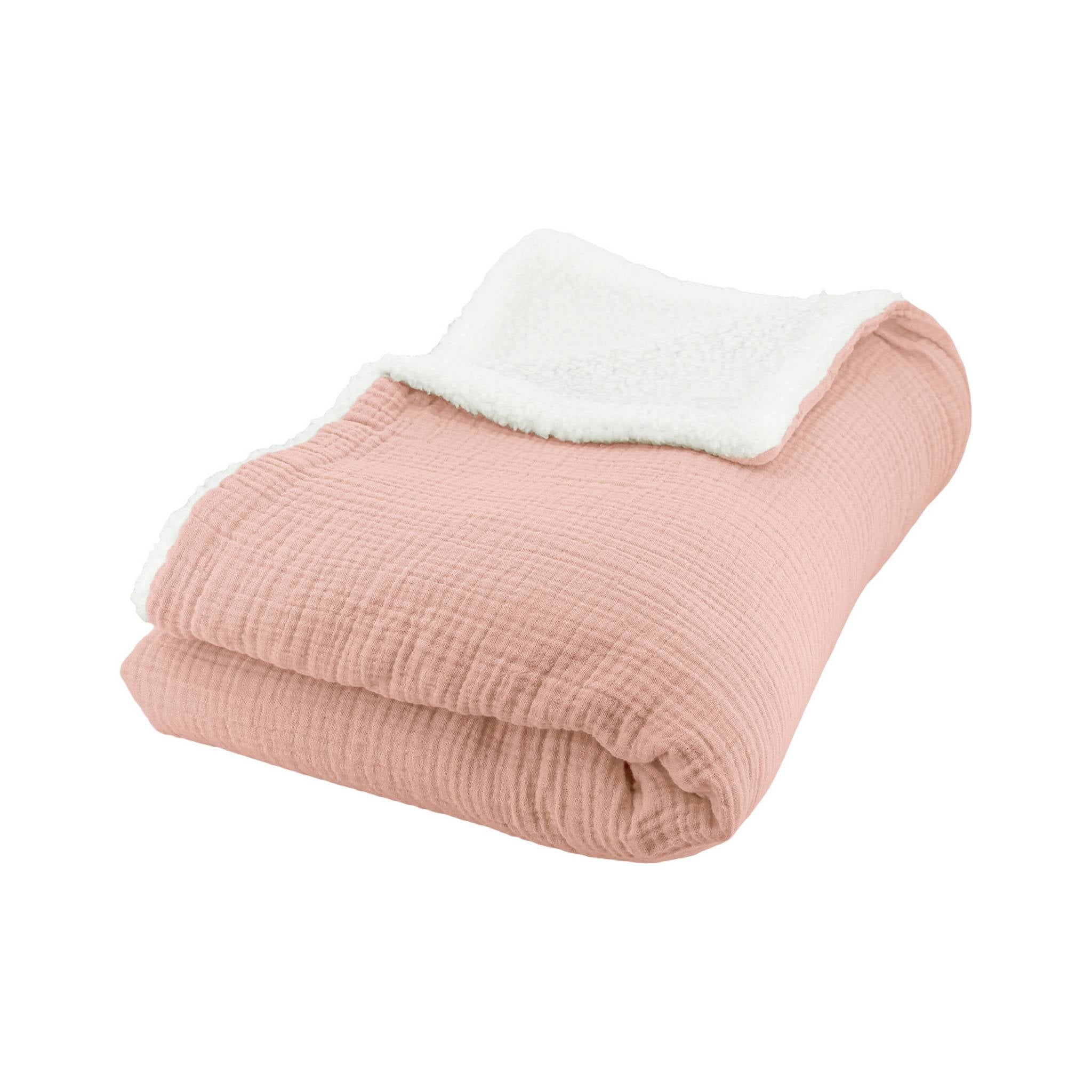 Plaid sherpa e mussola di cotone , 170cm, pesca