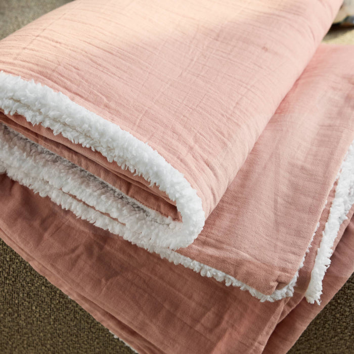 Plaid sherpa e mussola di cotone , 170cm, pesca