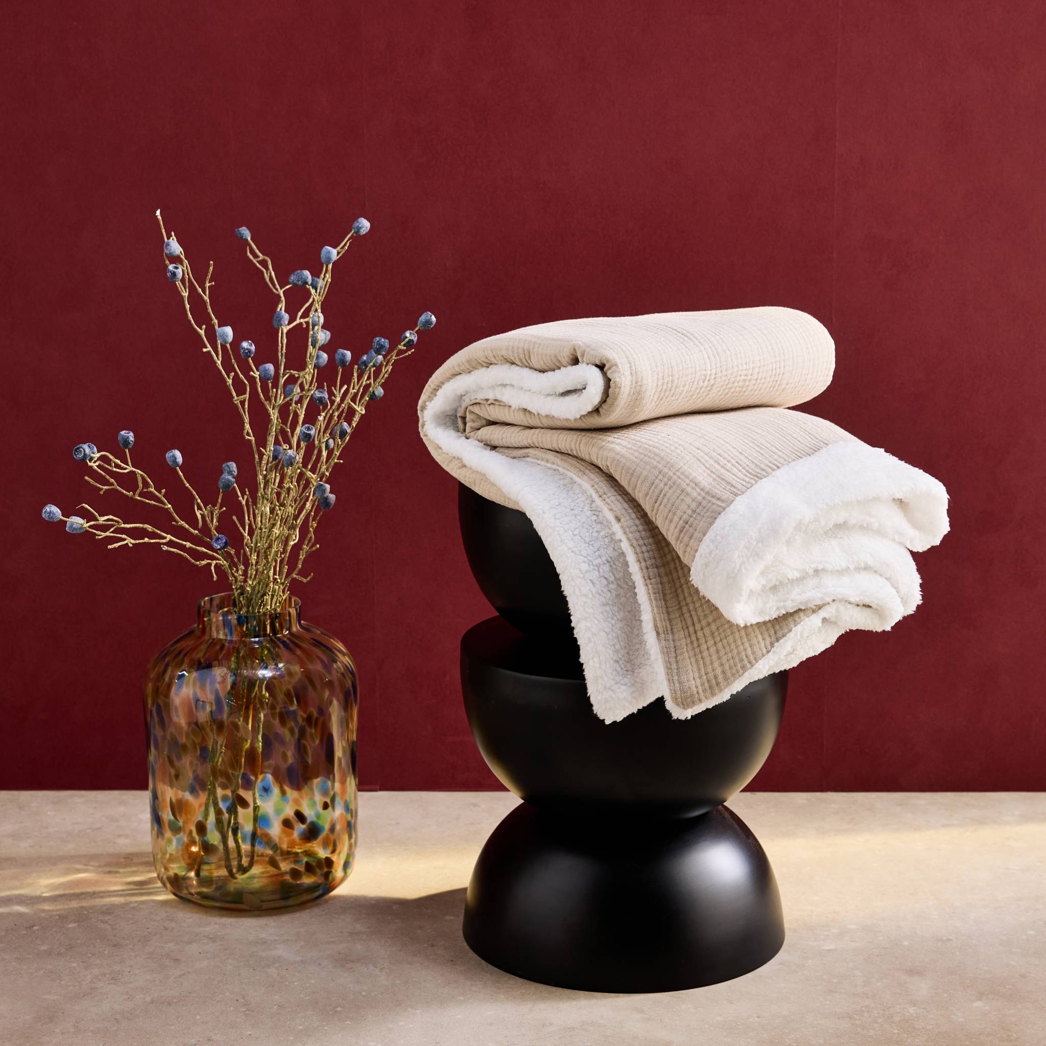 Plaid sherpa e mussola di cotone , 170cm, galet