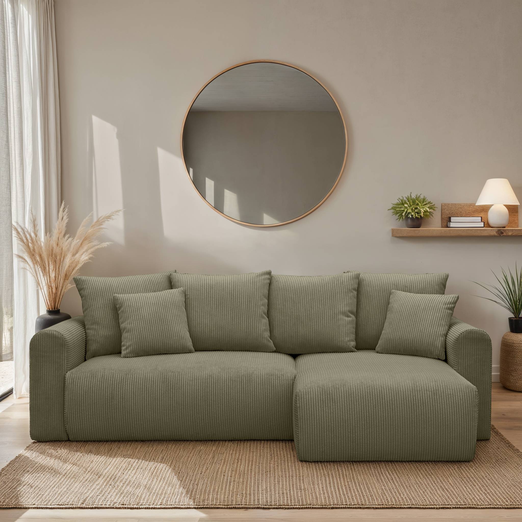 Divano angolare convertibile reversibile 3 posti velluto a coste,