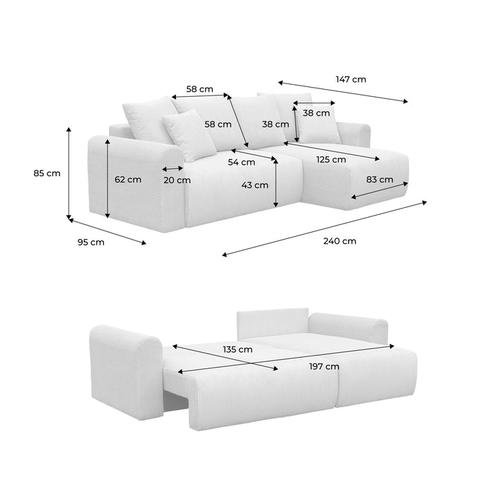 Divano angolare convertibile reversibile 3 posti velluto a coste,