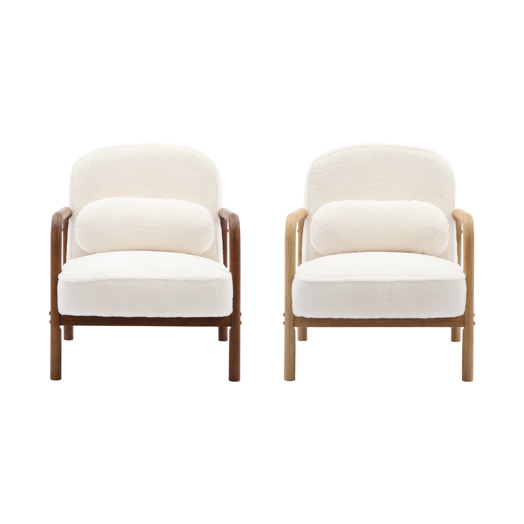 Poltrona scandinava arrotondata in legno di hevea, crema