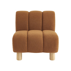 Poltrona relax con gambe rotonde in legno e tessuto bouclé, camel