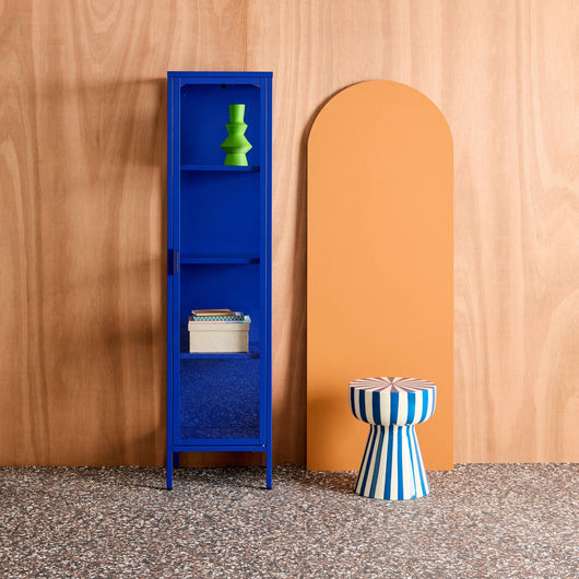 Vetrina in acciaio e vetro temperato con 1 anta, 160cm, blu