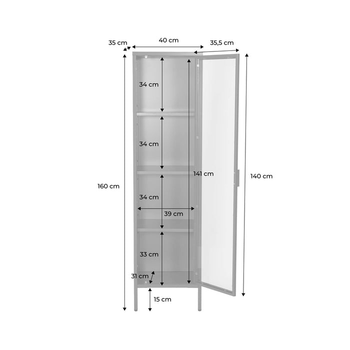 Credenza, vetrina in acciaio e vetro temperato 1 anta 160cm, beige