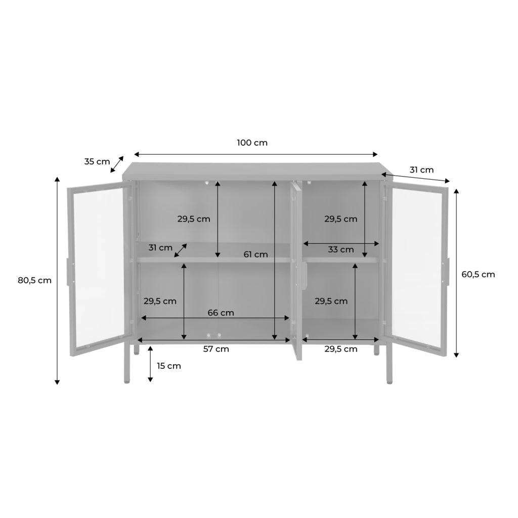 Credenza industriale in metallo e vetro temperato 3 ante, 100cm, nero