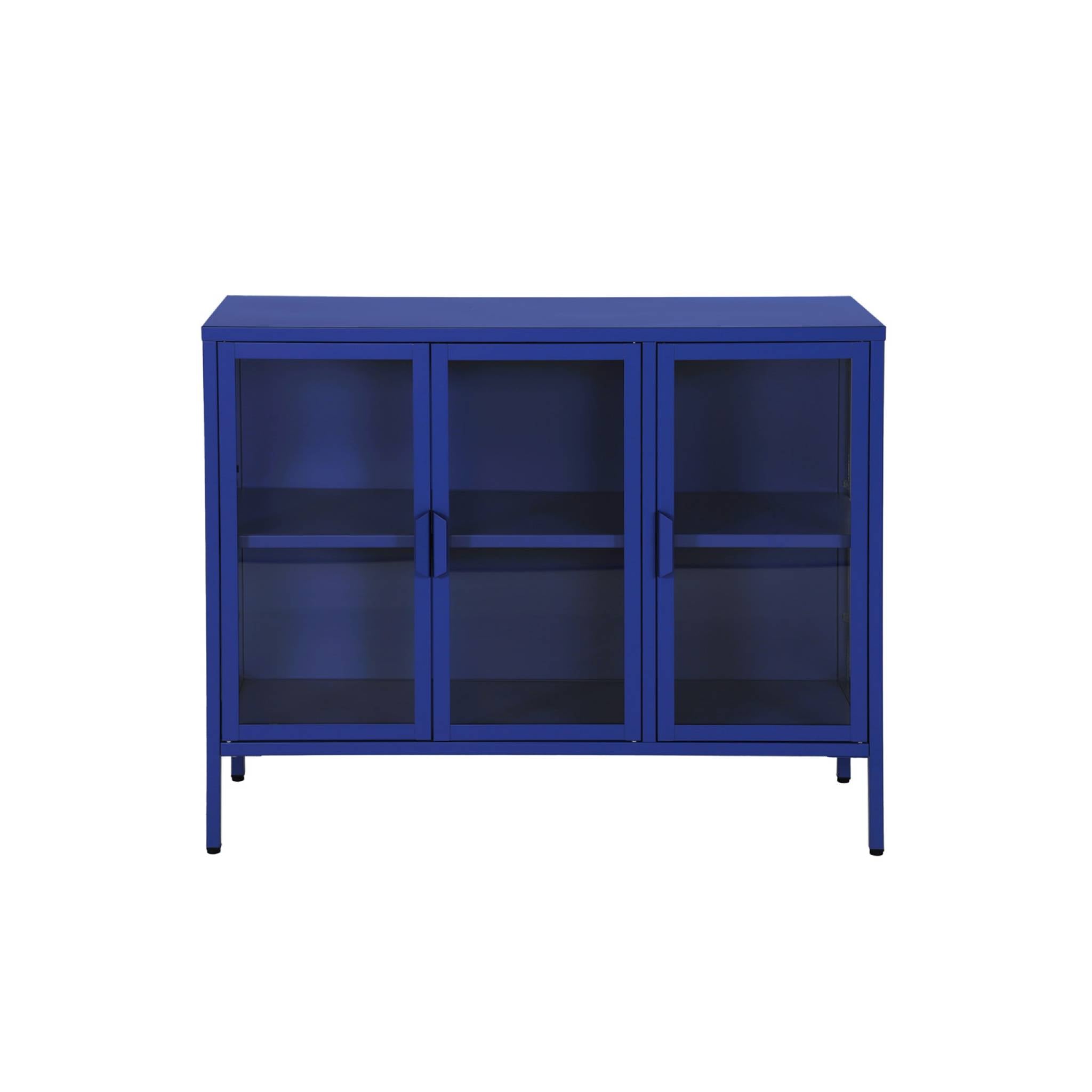 Credenza industriale in metallo e vetro temperato 3 ante, 100cm, blu