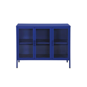 Credenza industriale in metallo e vetro temperato 3 ante, 100cm, blu