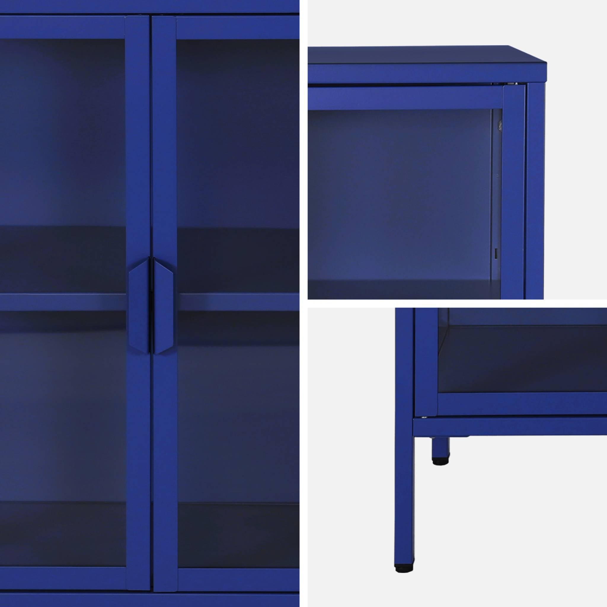 Credenza industriale in metallo e vetro temperato 3 ante, 100cm, blu