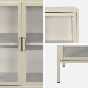 Credenza industriale in metallo e vetro temperato 3 ante, 100cm, beige