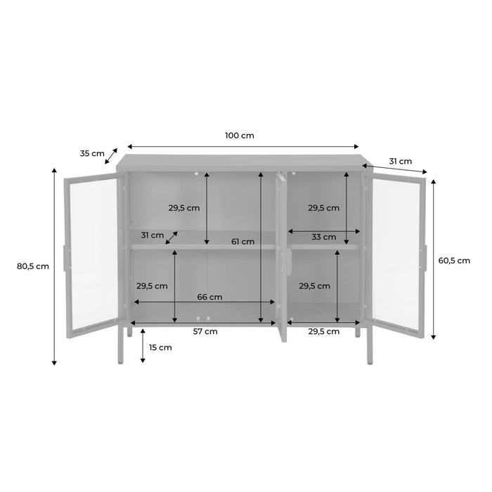 Credenza industriale in metallo e vetro temperato 3 ante, 100cm, verde