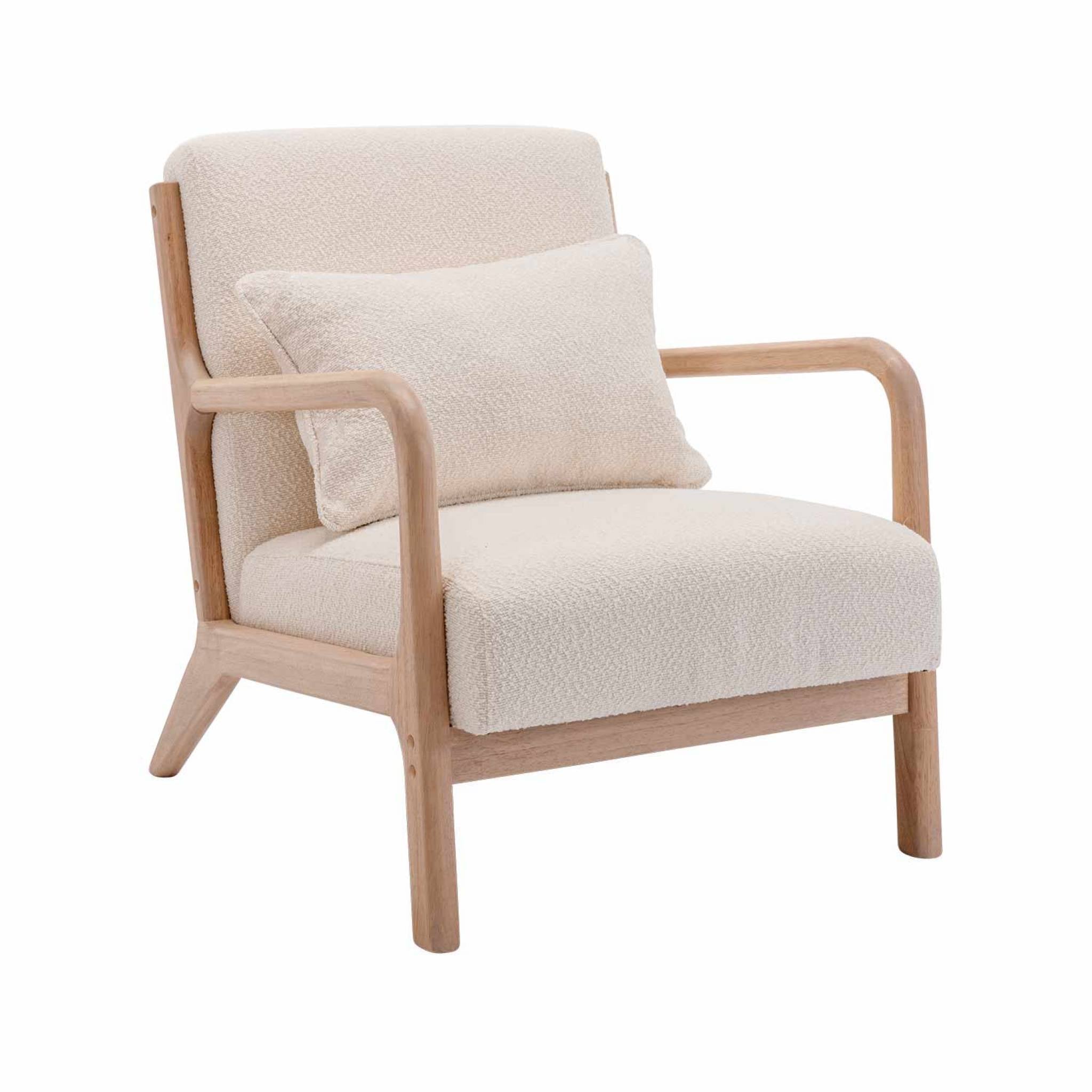 Poltrona scandinava in legno e tessuto bouclé testurizzato, beige