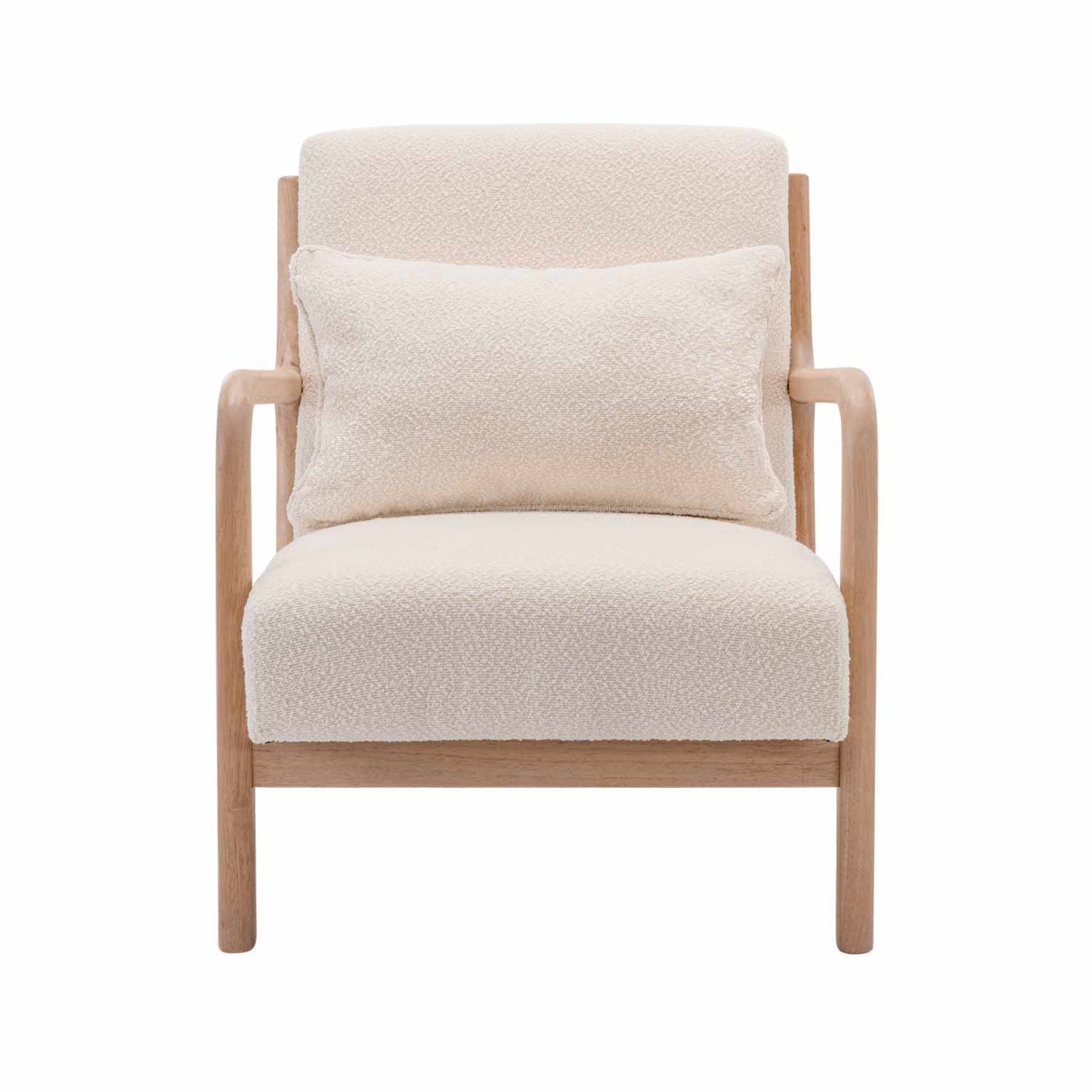 Poltrona scandinava in legno e tessuto bouclé testurizzato, beige