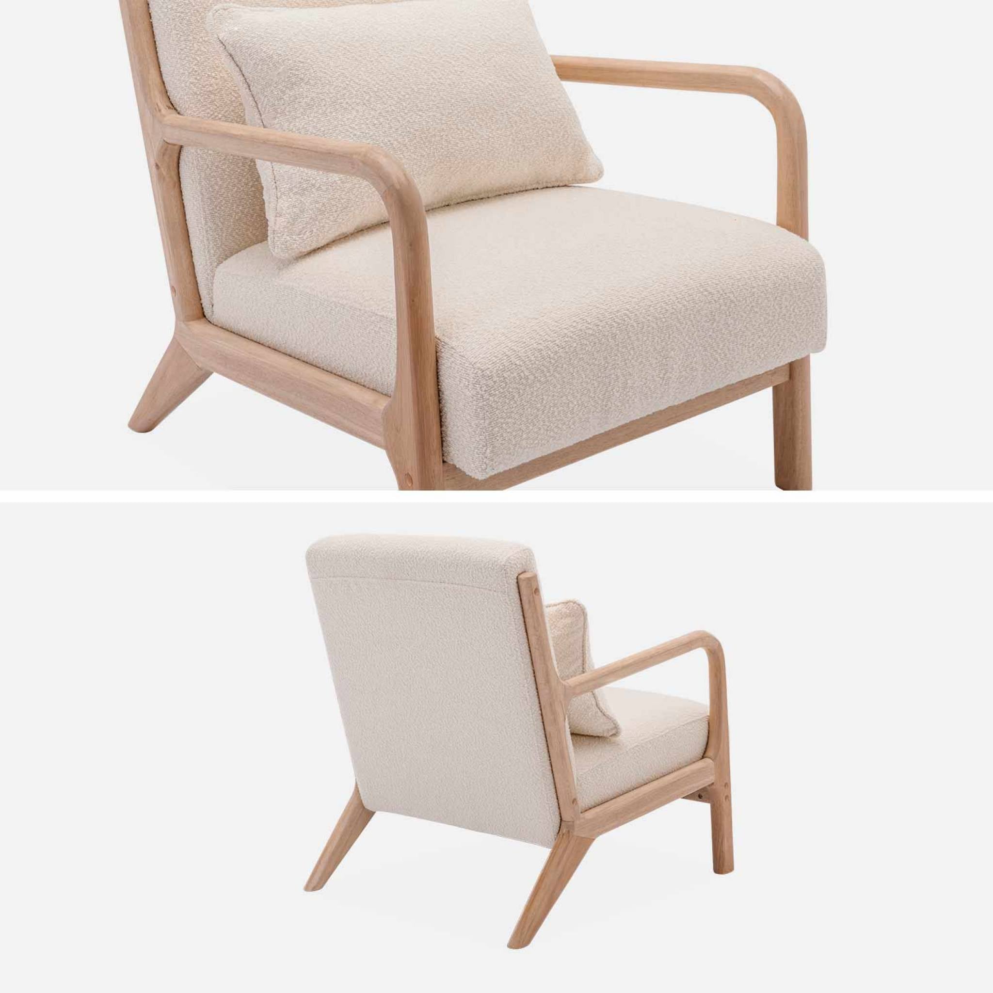 Poltrona scandinava in legno e tessuto bouclé testurizzato, beige