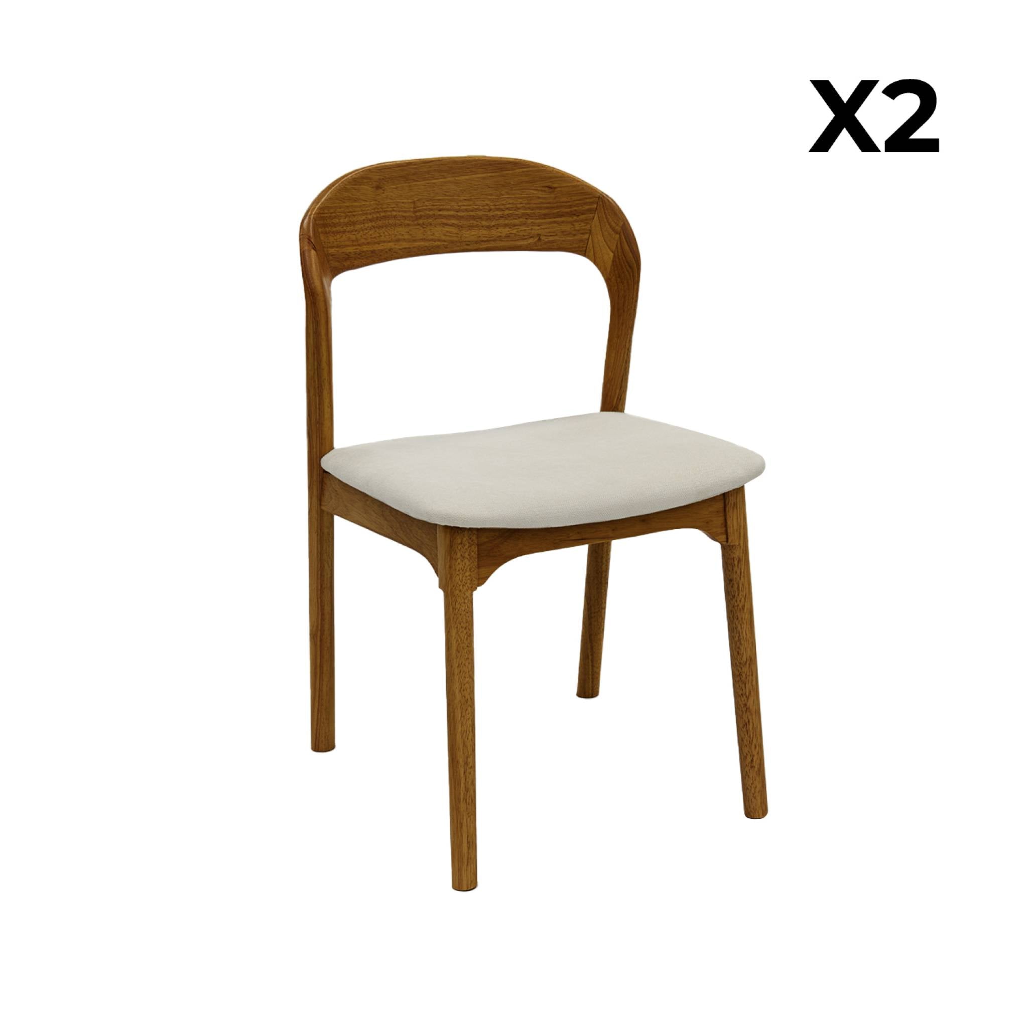 Set 2 sedie vintage in legno di hevea e tessuto, noce