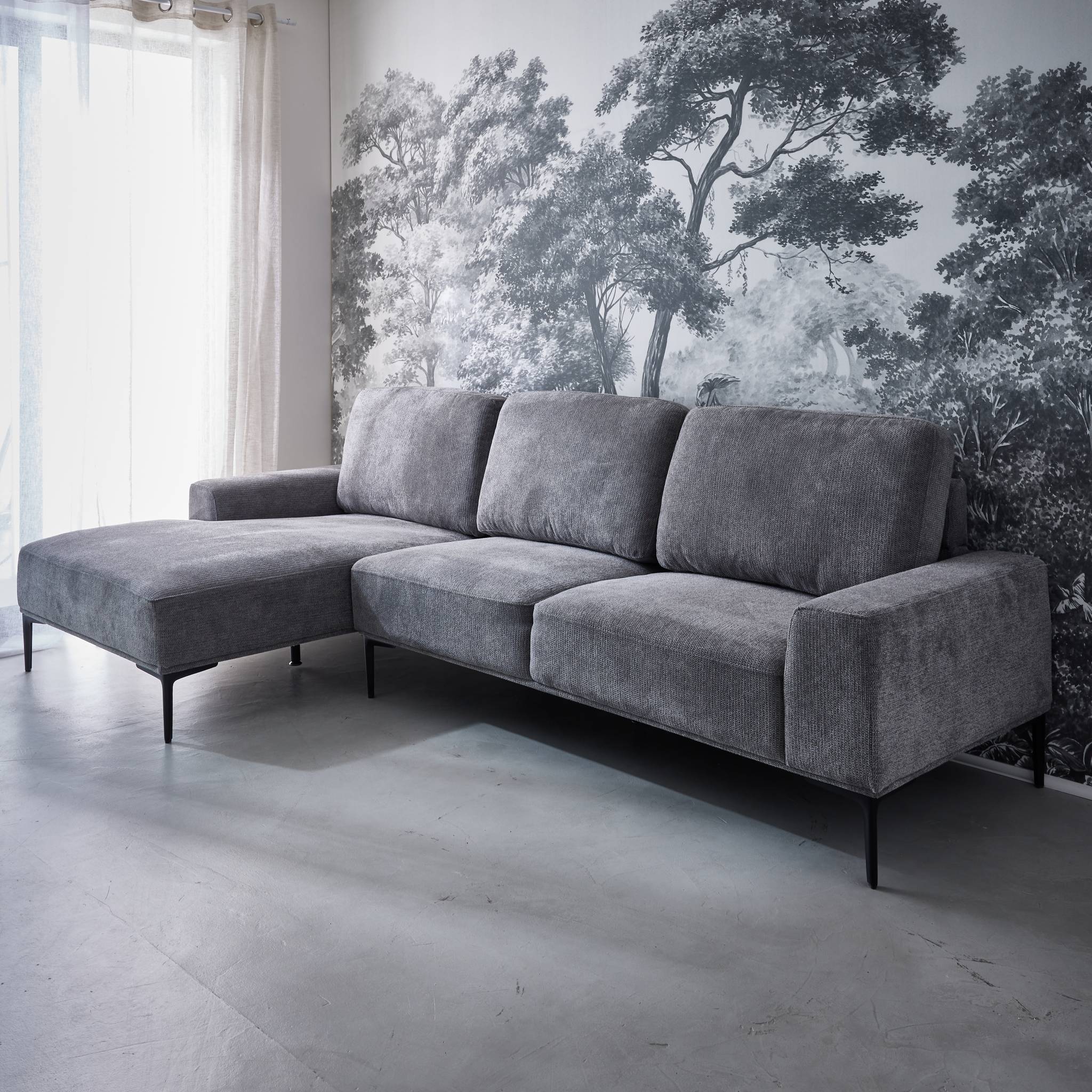 Divano a 3 posti in tessuto e metallo, angolo sinistro, grigio scuro