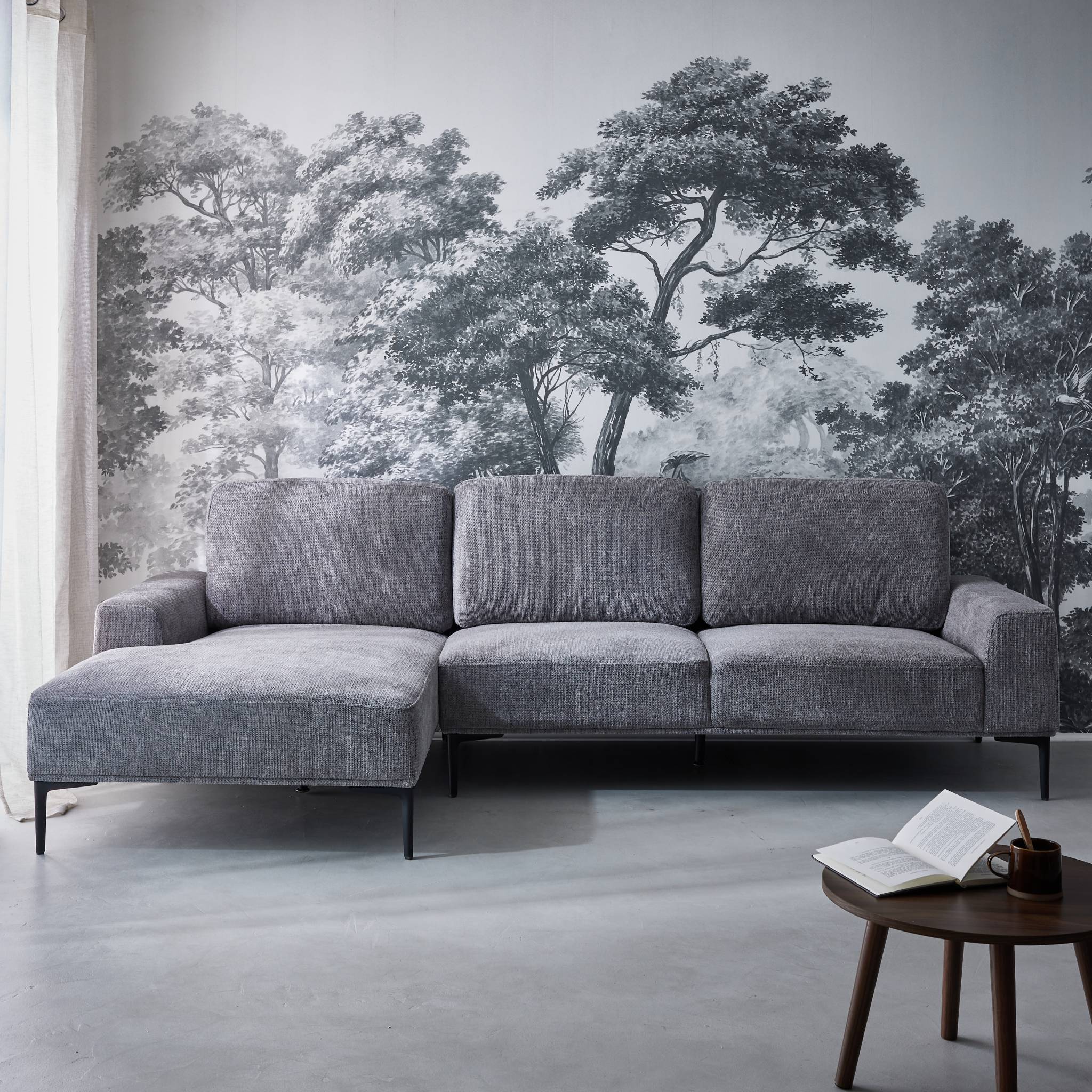 Divano a 3 posti in tessuto e metallo, angolo sinistro, grigio scuro