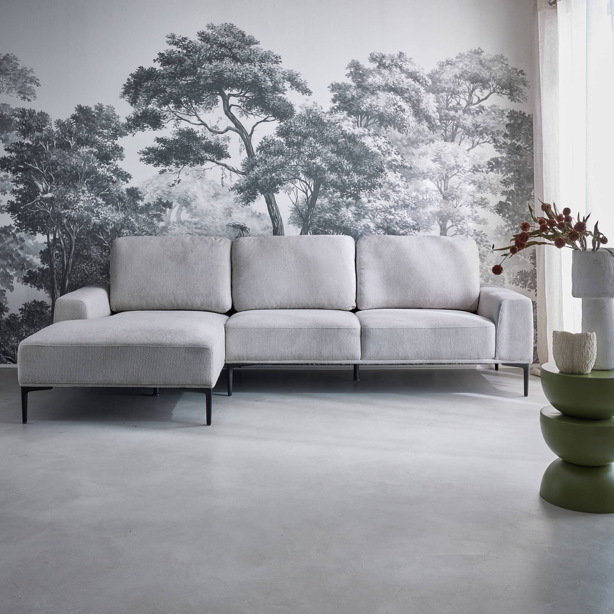 Divano a 3 posti in tessuto e metallo, angolo sinistro, grigio chiaro