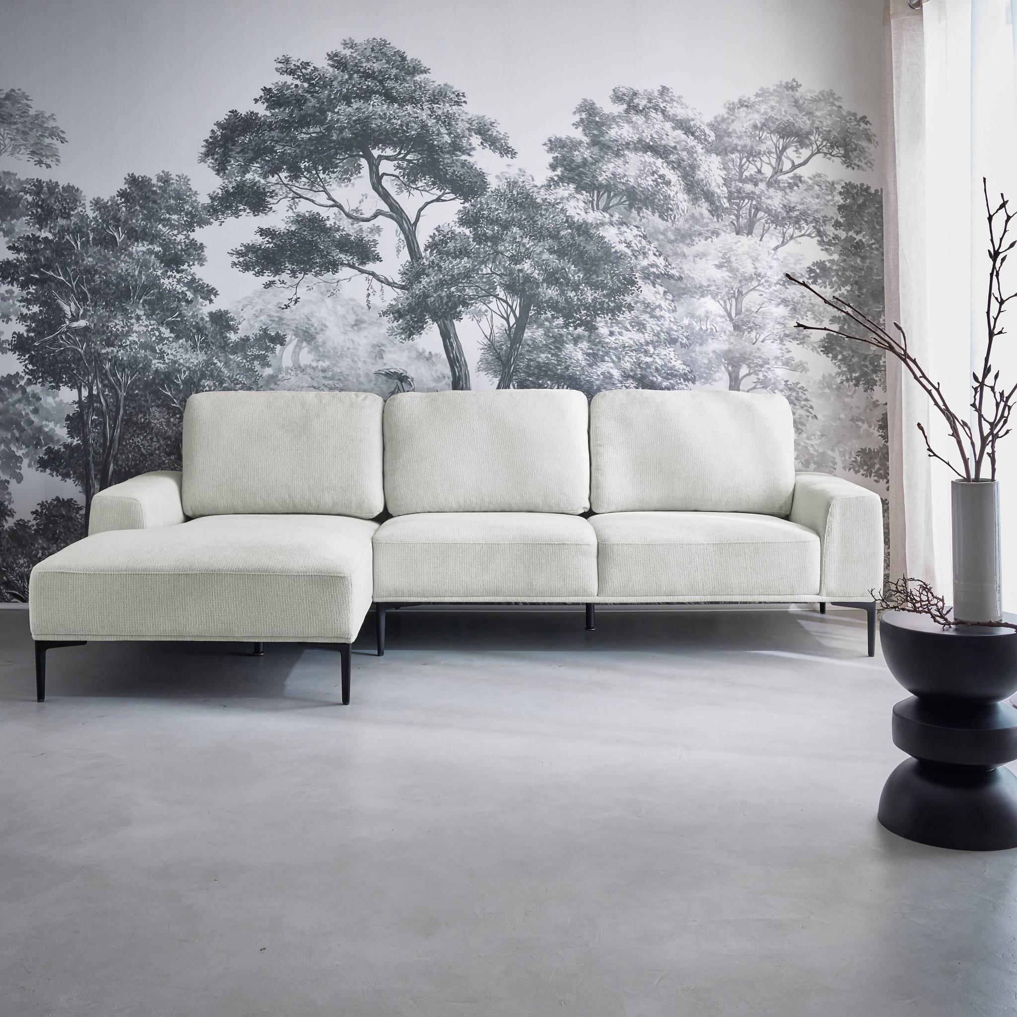 Divano a 3 posti in tessuto e metallo, angolo sinistro, crema