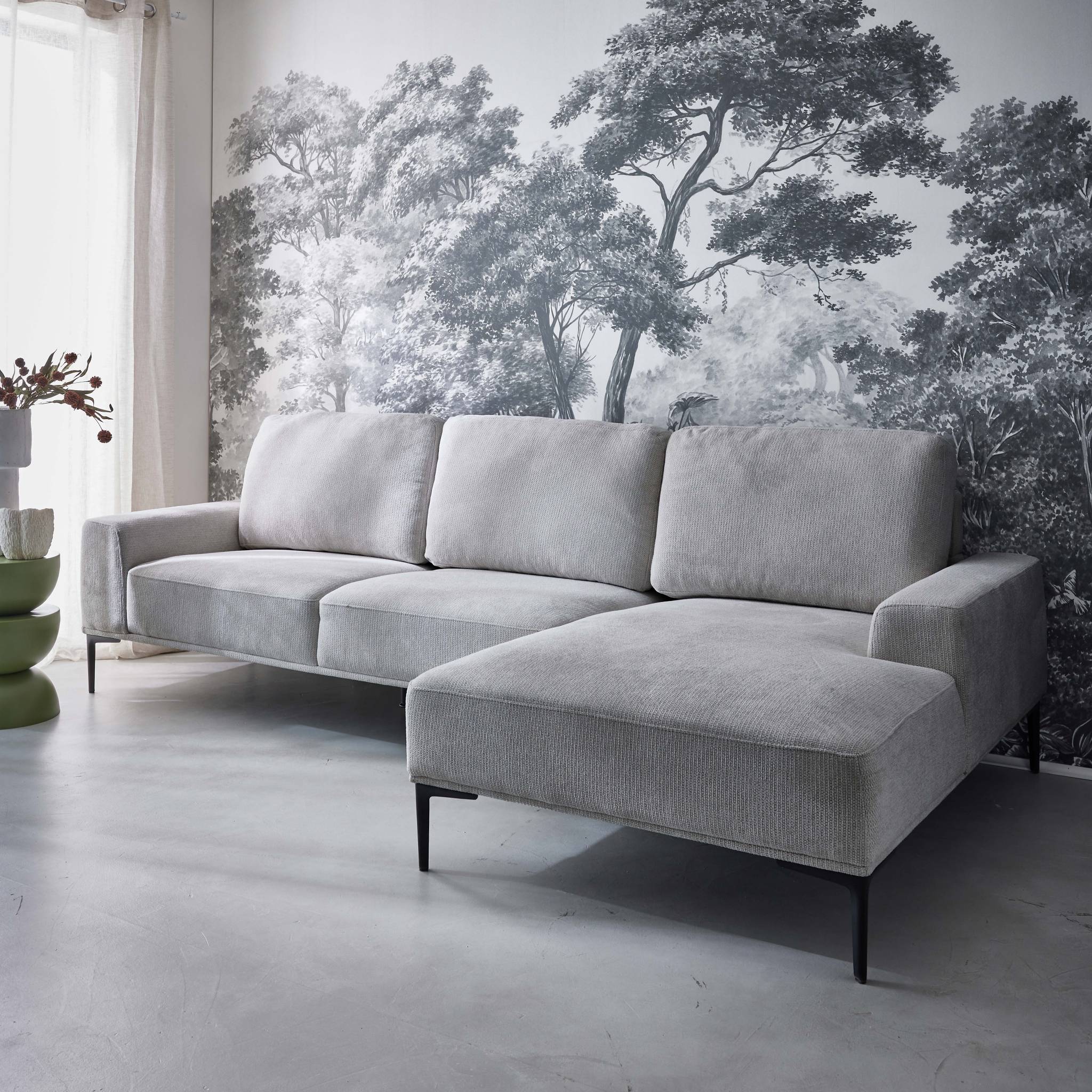 Divano a 3 posti in tessuto e metallo, angolo destro, grigio chiaro