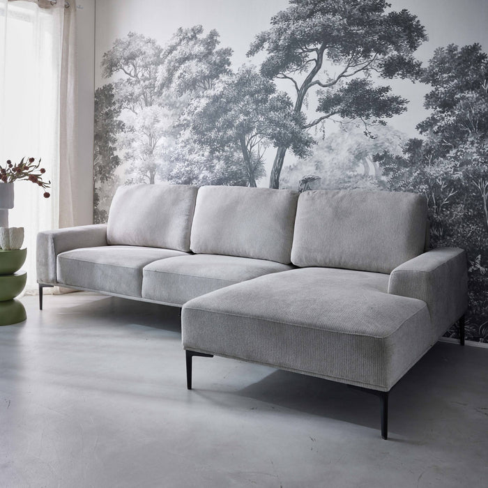 Divano a 3 posti in tessuto e metallo, angolo destro, grigio chiaro
