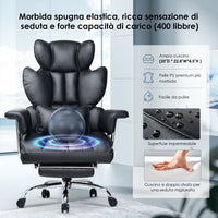 Sedia da Ufficio - RATTANTREE - Poltrona presidenziale - Sedia Girevole con Schienale Alto in Pelle, con Poggiatesta, Bracciolo e Poggiapiedi Retrattile - Nero