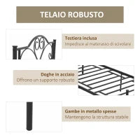 Struttura Letto Singolo in Acciaio con Doghe Integrate, Testiera e Pediera, 90x200cm