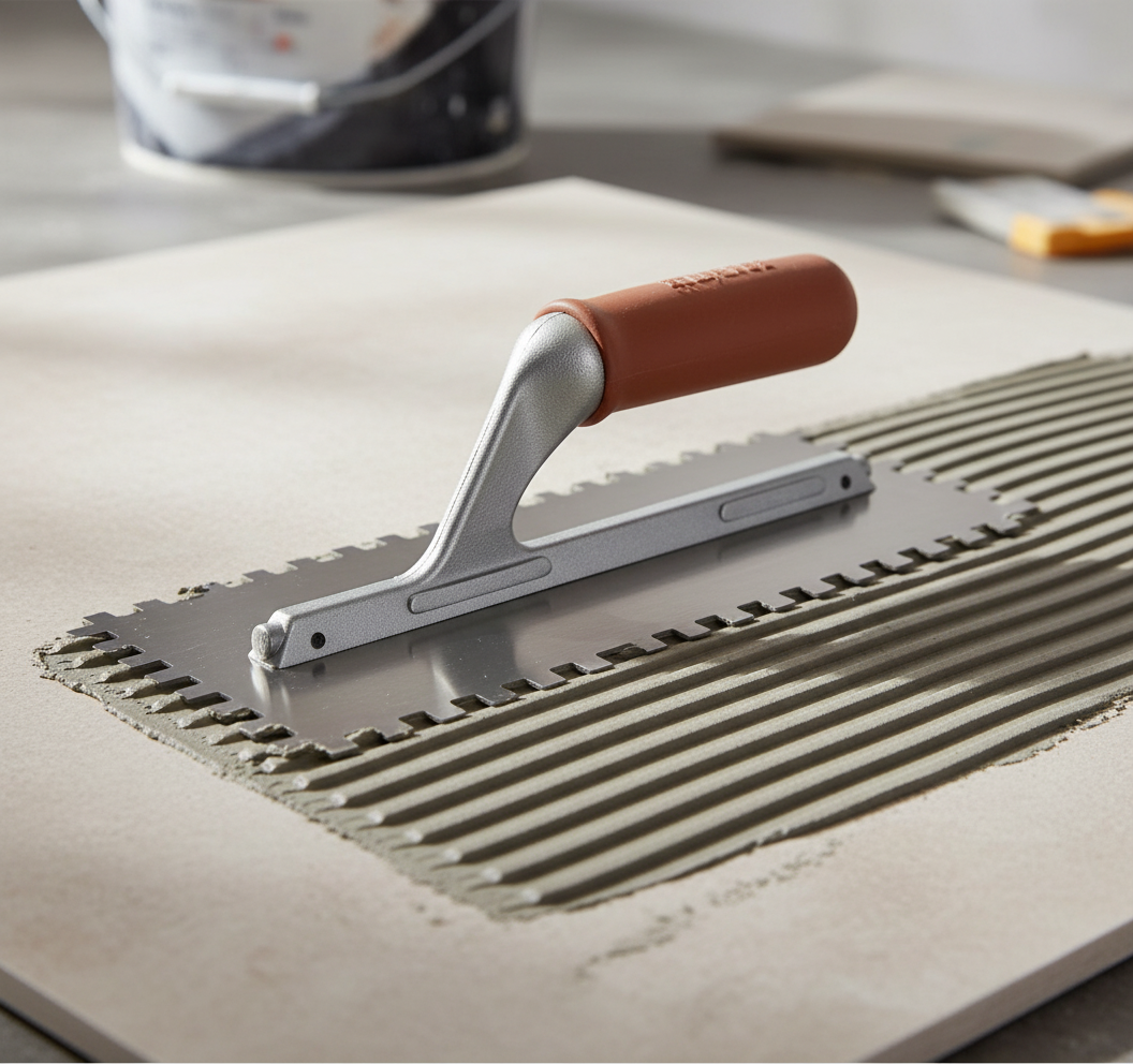 Spatola dentata in acciaio inox 28x12 cm con impugnatura in gomma *** misura dente 10x10 mm, confezione 1