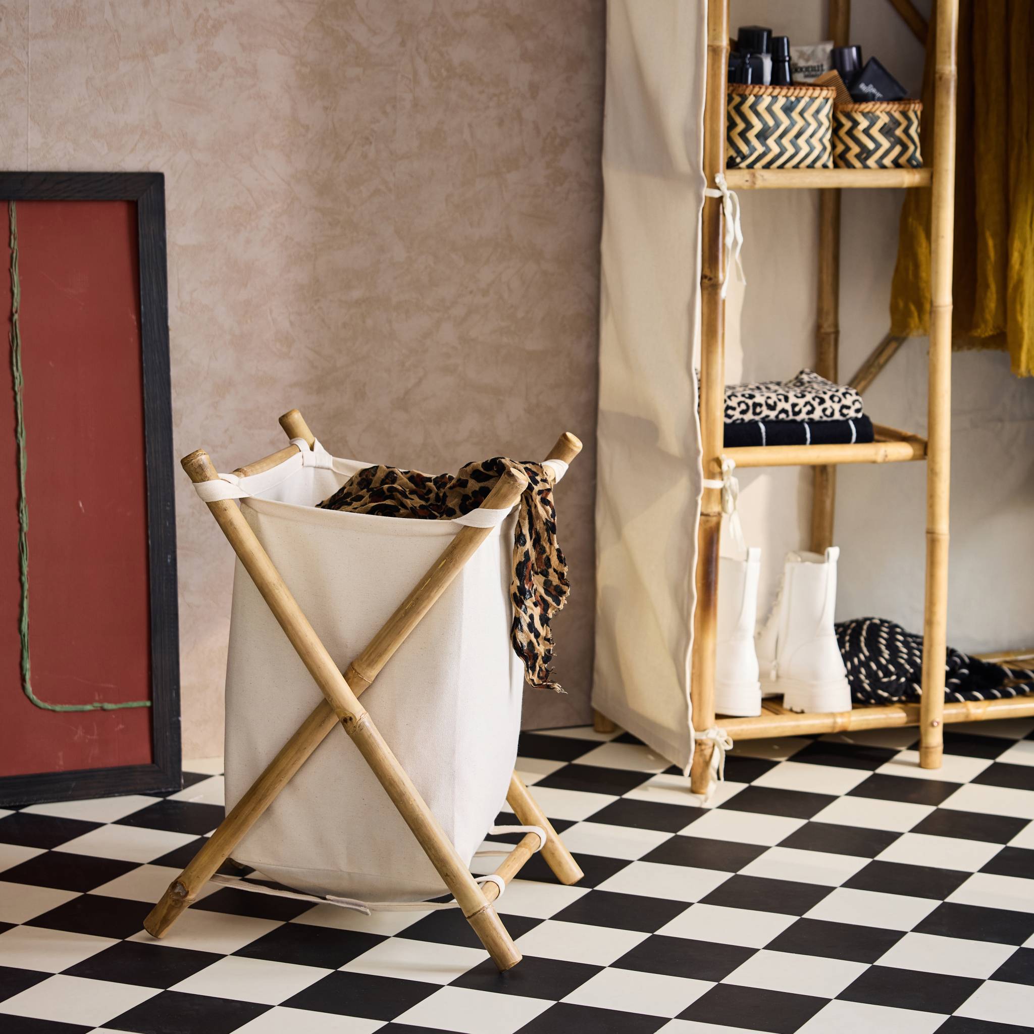 Cesto portabiancheria pieghevole in bambù e tessuto, marrone naturale