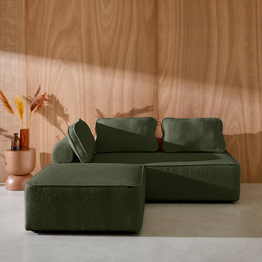 Divano modulare in bouclé, 3 posti, verde kaki